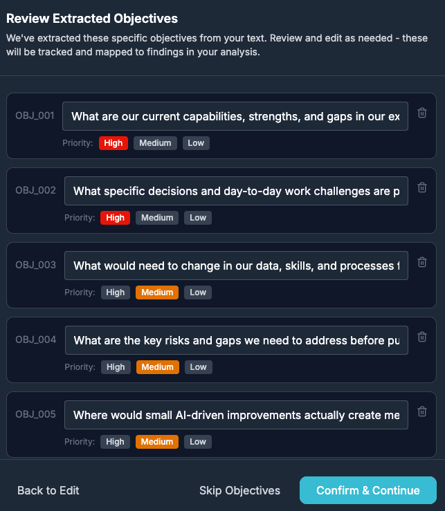 Parsed objectives showing structured questions with priority levels