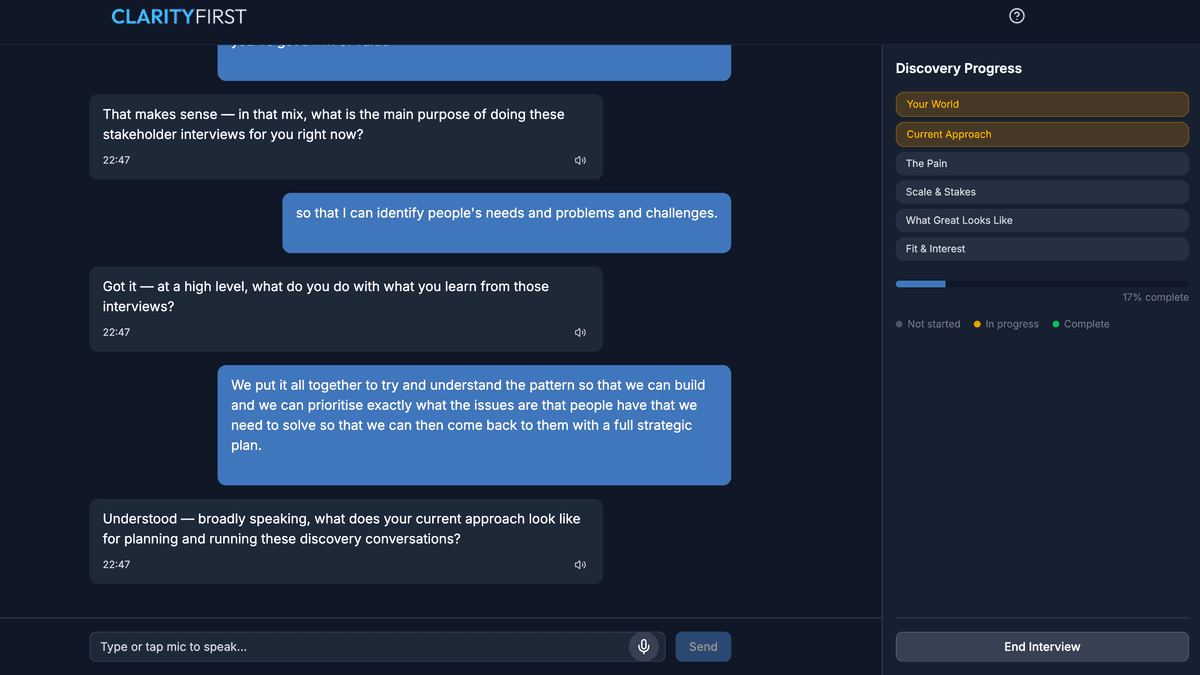 AI-guided discovery interview showing a live conversation with a stakeholder