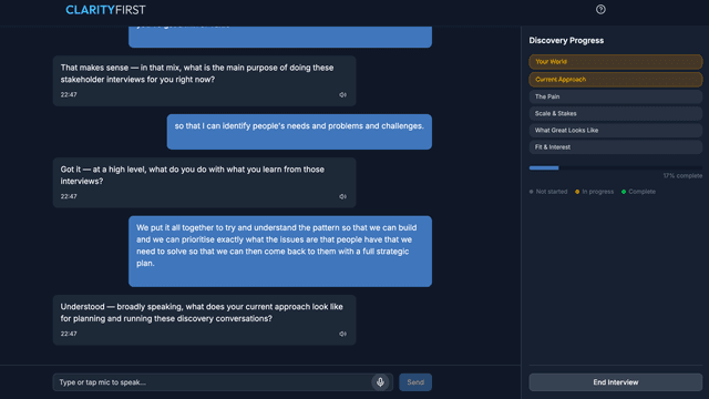 Live AI interview interface with voice conversation and real-time transcription